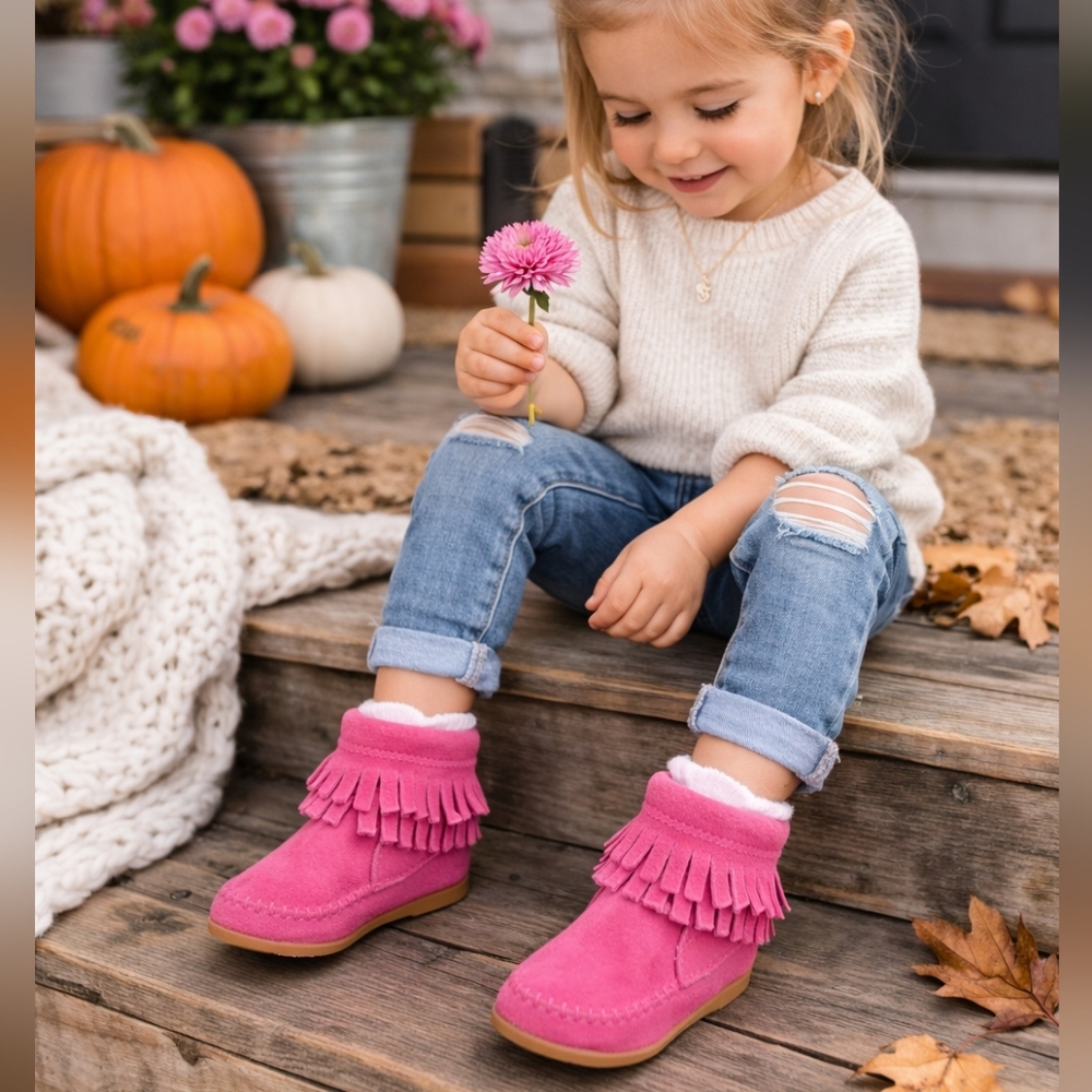 Minnetonka Toddler Pink Fringe Boots Suede Moccasin Ankle Boots Size 5